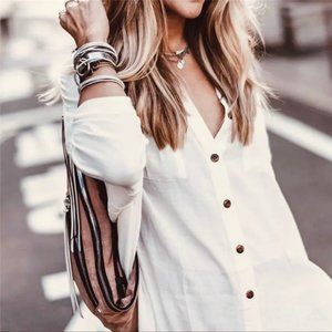 New White Long Sleeve Tunic Button Front Shirt Mini Dress